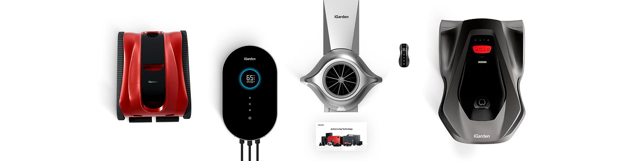 Top-down view of all iGarden products categories including robotic lawn mower, pool cleaner and intelligent swim jet