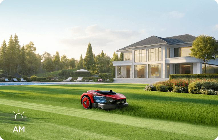 iGarden L AWD Series robotic lawn mower operating on a pristine lawn in the morning