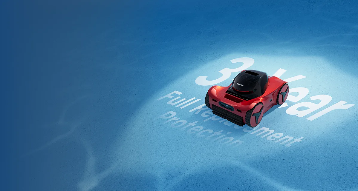 Front view of iGarden M1-AI robotic pool cleaner with 3-year replacement warranty