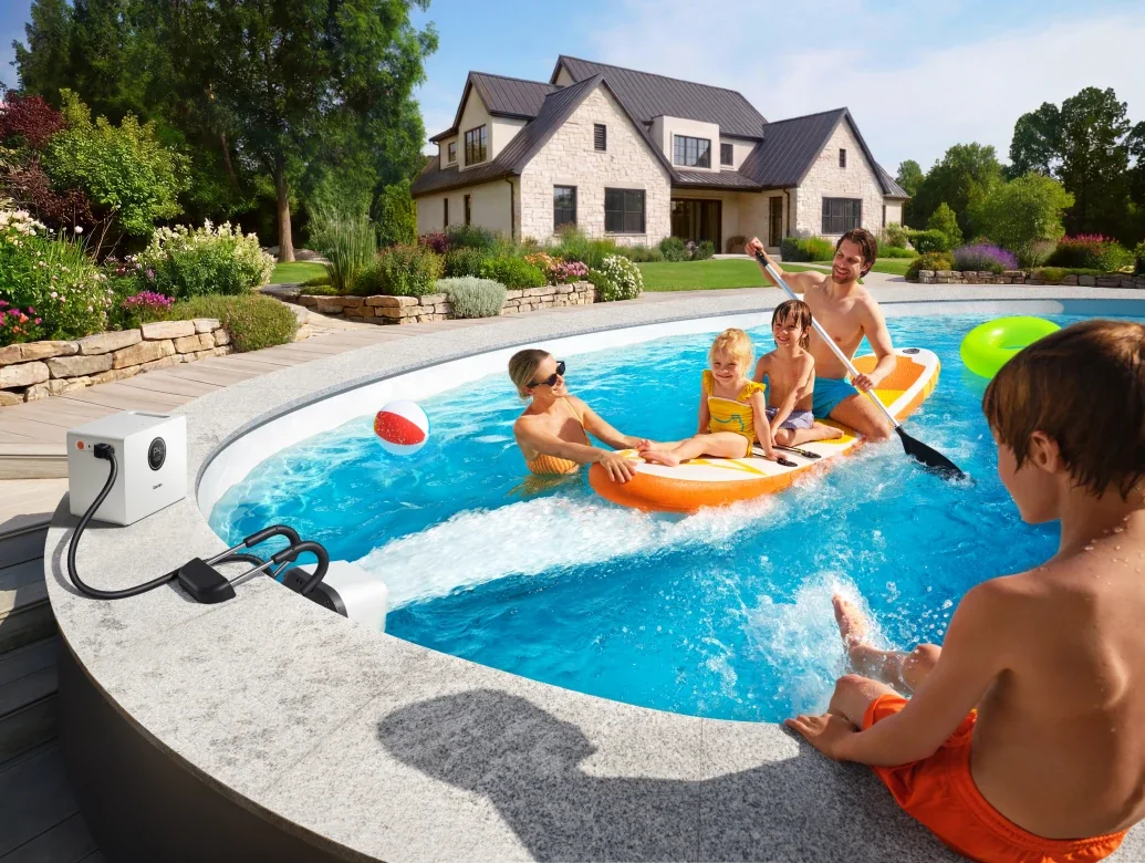 iGarden portable swim jet on pool deck close-up