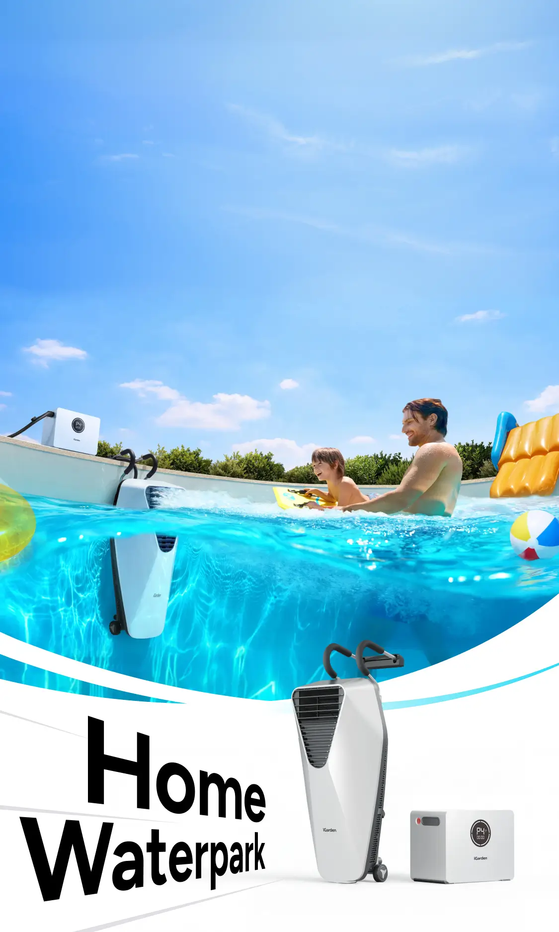 iGarden Swim Jet X Series portable pool swim jet creating a home waterpark